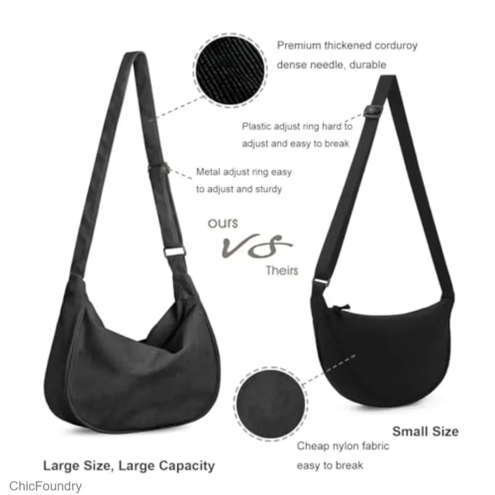 Corduroy Crossbody Hobo Bag, Adjustable Strap, Zipper Compartment, Small Size